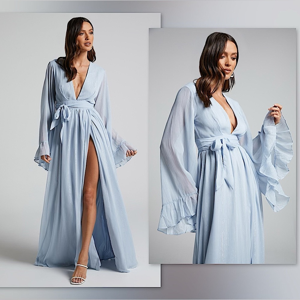 🩵Showpo Dangerous Woman Maxi Dress in Light Blue Shimmer with Plunge & Slit, 6